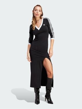 NWT ADIDAS Black V-Neck Three-Stripe Maxi Dress Streetwear Style Size Small